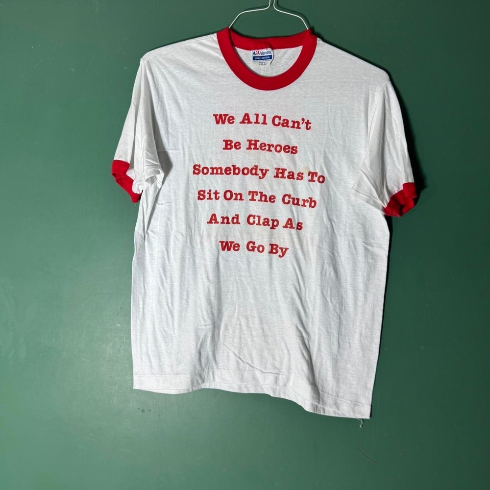 Vintage 80s Hanes Ringer Tee Big Rudys Bloomington Illinois White Red Graphic L